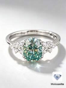 1pc Fashion INS Style S925 Sterling Silver 2CT Moissanite Blue-Green Oval Main Stone Bridal Quality Wedding Ring Proposal Wedding Daily Accessory Anniversary Holiday Gift - Multicolor - View 12