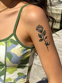 Herbal Juice Semi-Permanent Tattoo Sticker, Minimalist Rose Pattern, 14 Days No Fading, Music Festival Party Gift, Arm Leg Shoulder Neck Collarbone Body Temporary Tattoo Sticker, 1pc/Pack - Blue - View 3