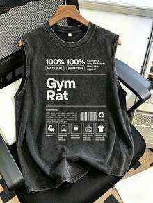 Funny Gym Rat Ingredient List With Fitness Icon Barcode Text Print Single 210g Pure Cotton Oversized Men's Tank Top Women Holiday Daily Gift - 黑色 - 查看 1