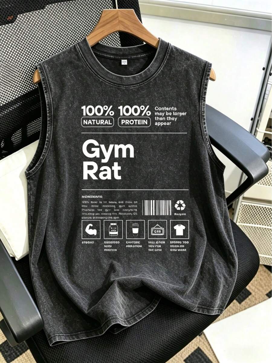 Funny Gym Rat Ingredient List With Fitness Icon Barcode Text Print Single 210g Pure Cotton Oversized Men's Tank Top Women Holiday Daily Gift - 黑色 - 查看 1