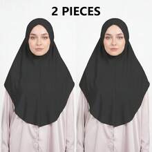 2件裝穆斯林阿拉伯女性純色柔軟頭巾 Hijab 頭巾，適合中東日常使用，保守風 HIJAB ABAYA - 黑色2件裝 - 查看 2