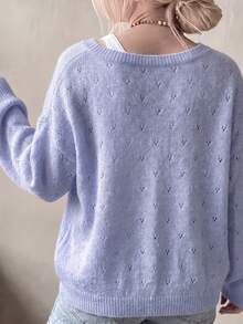 Women's Light Purple Mohair Blend Cardigan, Hollow Heart Pattern Loose Drop Shoulder Long Sleeve Pearl Buttons, French Gentle Style Suitable For Autumn/Winter Daily Versatile Layering - Purple - View 3