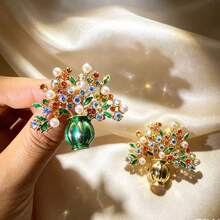 Vintage Heavy-Duty Vase Colorful Rhinestone Faux Pearl Brooch, Luxury Money Tree Bouquet Pin, Suitable For Women's Daily Casual Blazer Accessory, Backpack, Hat, Evening Dress Decoration Pin, Unique Banquet Party Jewelry Gift - Vase - View 4