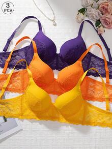 3pcs/Set Daily Wear Push-Up Underwire Bra Set, Sexy Lace Patchwork Sheer Mesh Breathable Thin Padding Comfortable Zero Pressure Skin-Friendly Smooth Versatile T-Shirt Bra For Women, Commute Office Hot-Selling Essential Lingerie - Multicolor - View 5