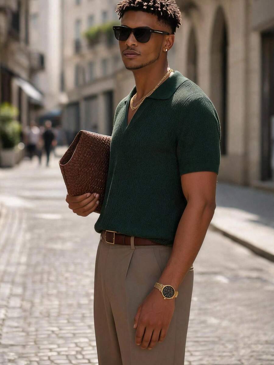 Men's Polo Collar Short Sleeve Knit Sweater - Khaki - View 1