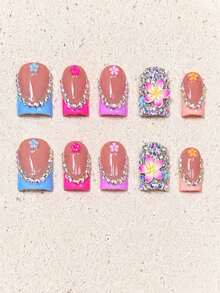 10PCS Handmade Press On Nails Summer Y2K Nail Kit, Short Square Press On Nails Acrylic Fake Nails, Colorful French Tip Rhinestone 3D Flower Nail Art, Bling Tropical Nails Press On For Beach Vacation Party - Multicolor - View 10