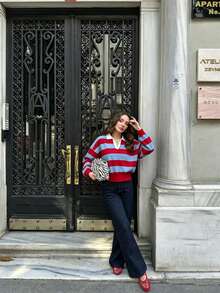 ZAHM Women's Loose Cropped Color Block Long-Sleeve Knit Top With Red, White And Blue Striped Polo Collar - Multicolor - View 5
