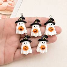 6pcs Resin Halloween White Ghost Pendants With Black Hat And Pumpkin, Suitable For DIY Jewelry Making, Perfect For Party Accessories, Earrings, Necklaces, Bag Charms - Black Hat Holding a Pumpkin Ghost Pendant - View 1