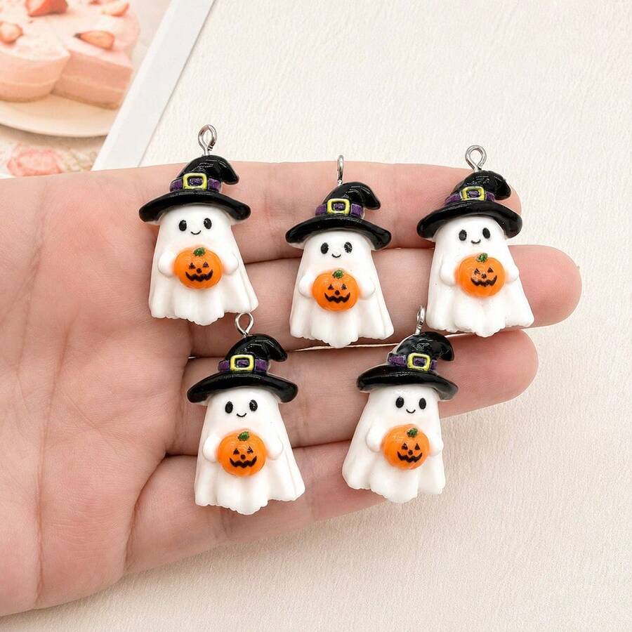 6pcs Resin Halloween White Ghost Pendants With Black Hat And Pumpkin, Suitable For DIY Jewelry Making, Perfect For Party Accessories, Earrings, Necklaces, Bag Charms - Black Hat Holding a Pumpkin Ghost Pendant - View 1