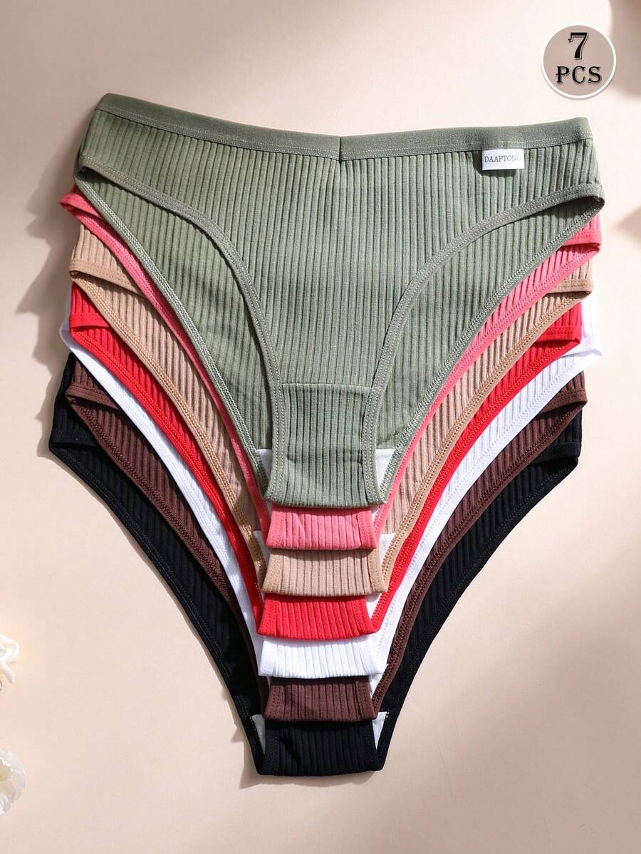 7pcs Women's Cotton V-Shape Waist Seamless Panties, Solid Color Comfortable Breathable Underwear