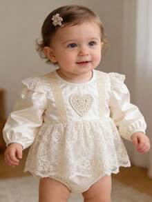 New Japanese & Korean Style Infant Toddler Spring/Autumn Embroidered Mesh Diaper Cover Romper Dress, Baby Girl Heart Princess Dress - Apricot - View 2