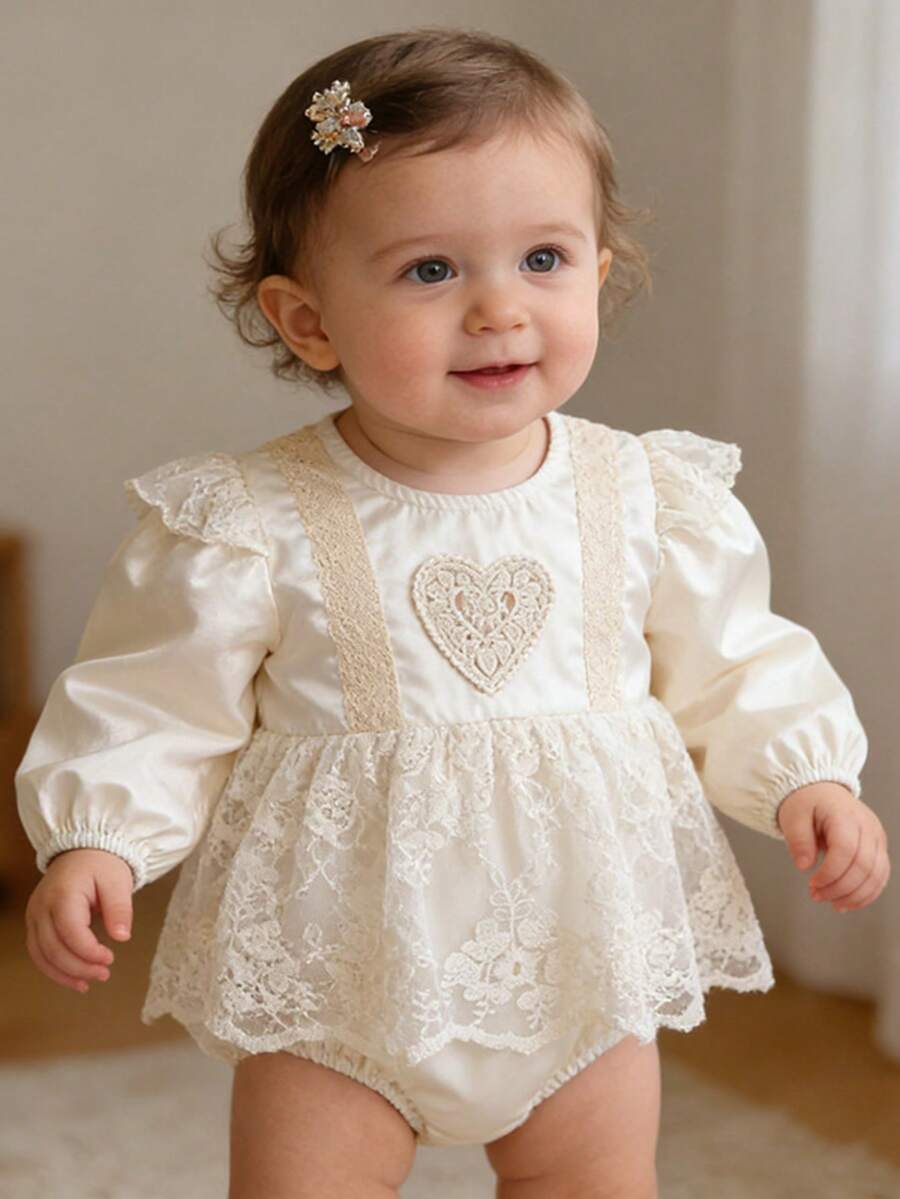 New Japanese & Korean Style Infant Toddler Spring/Autumn Embroidered Mesh Diaper Cover Romper Dress, Baby Girl Heart Princess Dress