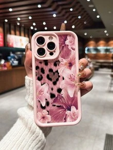 Sweet Lily & Leopard Print Design Perforated Matte Thick Full Coverage Phone Case Compatible With IPhone 11/12/13/14/15/16 Pro Max/17/17 Pro/17 Pro Max/Air/15 Pro Max/16 Plus/14 Pro Max And Other Models - Pink - View 3