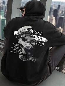 SU ER Men's Autumn/Winter Printed Loose Thermal Lined Hoodie | Leading Fashion - Black - View 3
