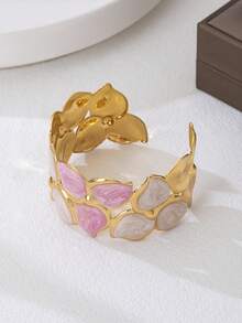 1pc Fashionable Three-Leaf Patchwork Design Geometric Enamel Open Cuff Bracelet For Women, Personalized Exquisite Daily Wear - Yellow Gold - View 5
