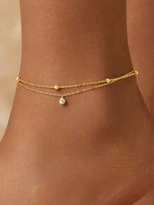 1pc Multi-Layer French Style Delicate Women's Anklet, Stainless Steel Material With Artificial Rhinestone Beaded Chain, Women's Daily Beach Vacation Layered Accessory Jewelry Gift (Random Number Of Beads) - Yellow Gold - View 6