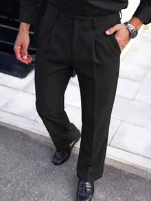 Men's Old Money Style Pleated Loose Straight Leg Wide Leg Casual Pants, Business Casual Pleated Wide Leg Long Pants - Black - View 4