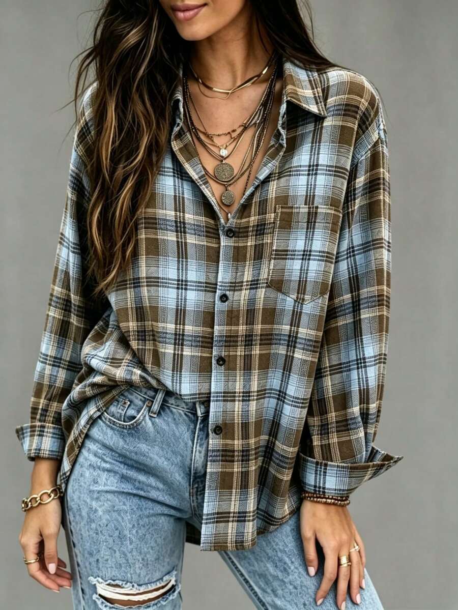 Women's Plaid Single-Breasted Casual Versatile Daily Commute Shirt