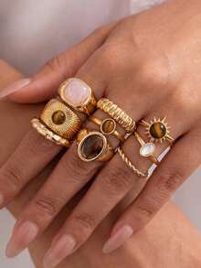 9pcs/Set French Tiger Eye Stone Vintage Ring Set, Suitable For Party, Gift, Daily Wear, Adult Gift - Gold - View 2
