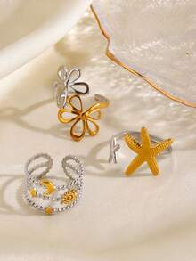 3pcs Stainless Steel 18K Gold Plated Dual-Tone Star Moon Ring Set, Suitable For Women's Daily Wear And Vacation - Multicolor - View 3