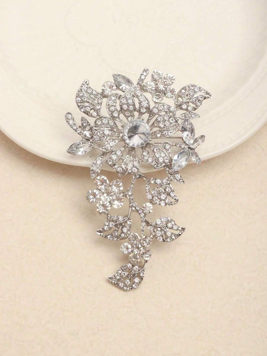 1pc Fashion Exaggerated Plant Flower Rhinestone Brooch - Silver - View 1