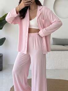 Women's Autumn/Winter Comfortable 2 Pieces Set, Long Sleeve Collared Single-Breasted Top And Straight Leg Pants, Solid Color Loose Casual Suit Pink Spring Elegant - Pink - View 5