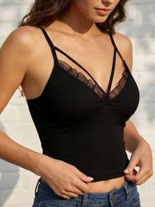 Women's Frill Trim Camisole Top, V-Neck Spaghetti Strap, Floral Sheer Mesh Back, Comfortable Tank Top - Black - View 4