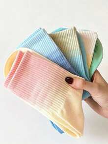 4 Pairs Aesthetic Macaron Gradient Mid-Calf Socks, Fashion Ribbed Cuff Socks, Street Style Sports Socks - Multicolor - View 3