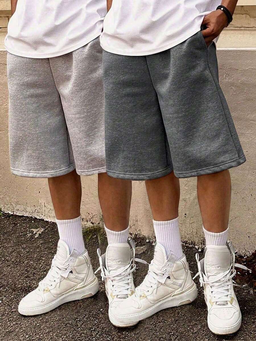 2pcs Tween Boys Outdoor Casual Fashion Minimalist Solid Color High Street Bermuda Shorts - Multicolor - View 1