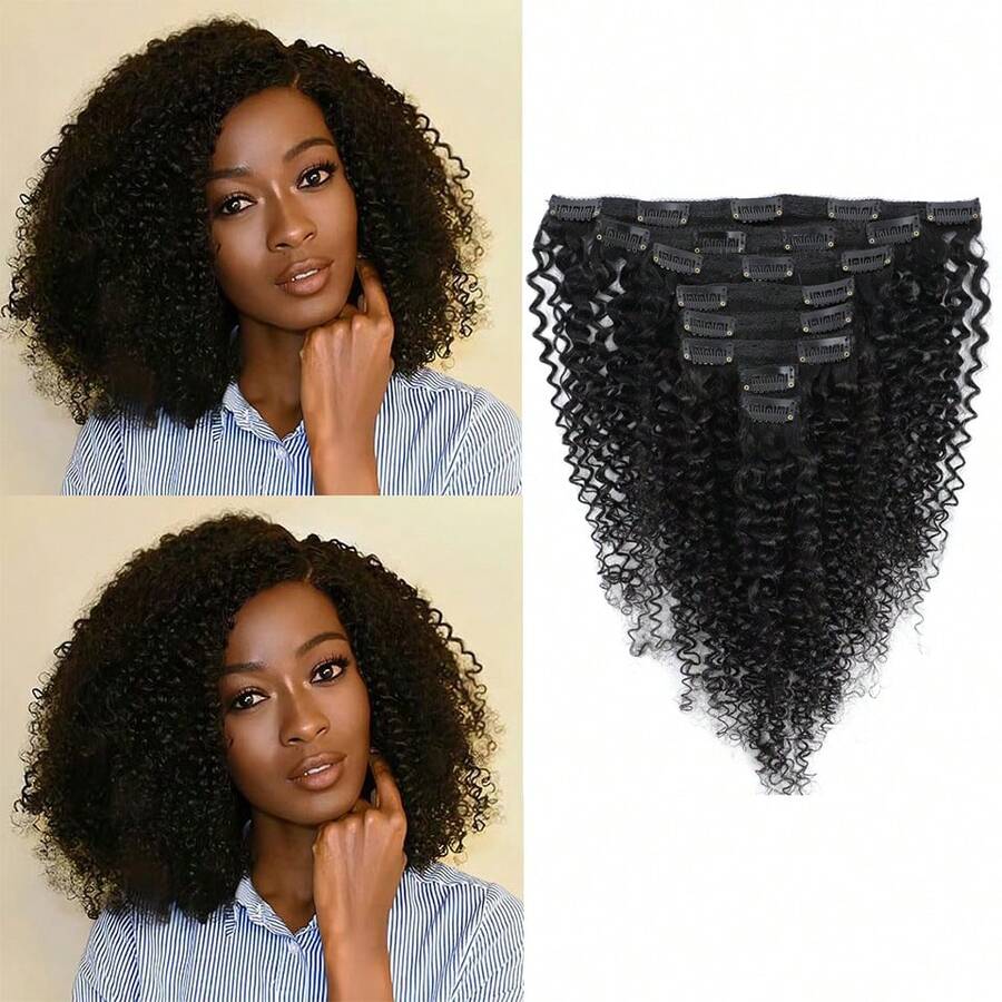 BINF Ekstensi Rambut Wanita untuk Seluruh Kepala, 8 pcs/paket, Rambut Manusia Remy Brasil, Keriting Afro, Warna Alami, Mudah Dipakai