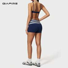 GIAFIRE 新款女款 2 件式運動套裝，細肩帶瑜珈內衣與高腰快乾休閒短褲，條紋跑步戶外沙灘健身瑜珈套裝 - 藏蓝色 - 查看 3