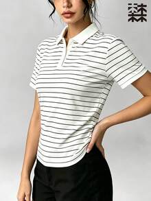 mulinsen 女款 Polo 衫，冰絲薄款快乾翻領短袖 T 恤，條紋運動戶外上衣 - 月光白 - 查看 6