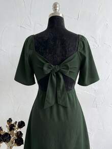 Plus Size Short Princess Dress, Loose Fit, With Gathered Neckline And Short Sleeves, Elegant, Sizes 46 To 56 - Green - View 5