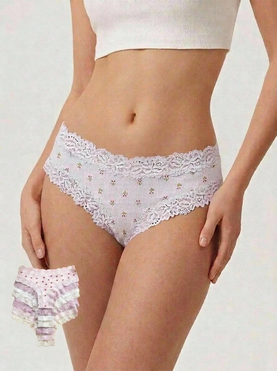 Aesletic 7条装性感女士蕾丝拼接低腰无缝罗纹丁字裤，柔软舒适透气，适合瑜伽、运动和日常穿着