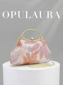 OpulAura 女款精緻迷人花瓣與葉片圖案刺繡晚宴手拿包，夏季粉色亮片設計，適合晚禮服搭配，適用婚禮/度假/正式派對/舞會，附鏈條，隨機圖案形狀 - 粉色 - 查看 2