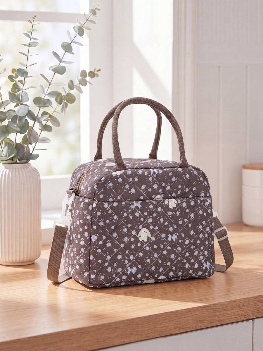 Floral Quilted Insulated Lunch Bag - Leak-Proof Reusable Thermal Cooler Tote, Large Capacity, Cute Coquette Style For Work, School, Picnic & Travel - 兔子花 - 查看 1