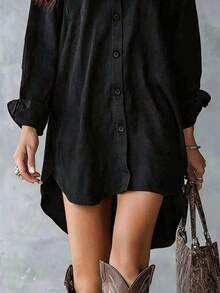 Plus Size Women's Black Long Sleeve Polyester Button-Up Shirt Dress, Lapel Collar, High-Low Hem Design, With Pockets - Black - View 4