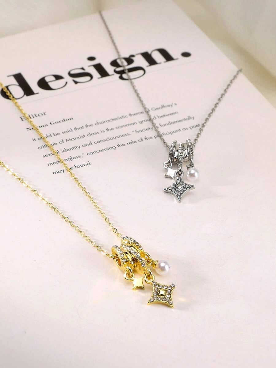 1pc Elegant New Faux Pearl Starburst Necklace Pendant Multi-Layer Integrated Versatile Star Collarbone Chain Jewelry For Women Daily Wear And Party - Multicolor - View 1