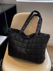 1pc Embroidered Square Grid Women's Handbag, Plaid Embroidery Shoulder Tote Bag, Multi-Functional Quilted Shoulder Bag, Women's Commuter Bag, Multi-Compartment Design, Suitable For Beach, School, Work And Daily Use - Black - View 5