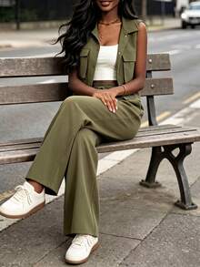 3pcs Women's Vintage Military Green Practical Set, Including Short Sleeve Shirt Jacket, White Camisole, And High Waist Wide Leg Pants With Pockets, Suitable For Spring And Summer Elegant - Army Green - View 8