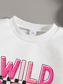 Young Girl Letter Print Crew Neck Sweatshirt And Cargo Sweatpants Casual Set - White - View 3
