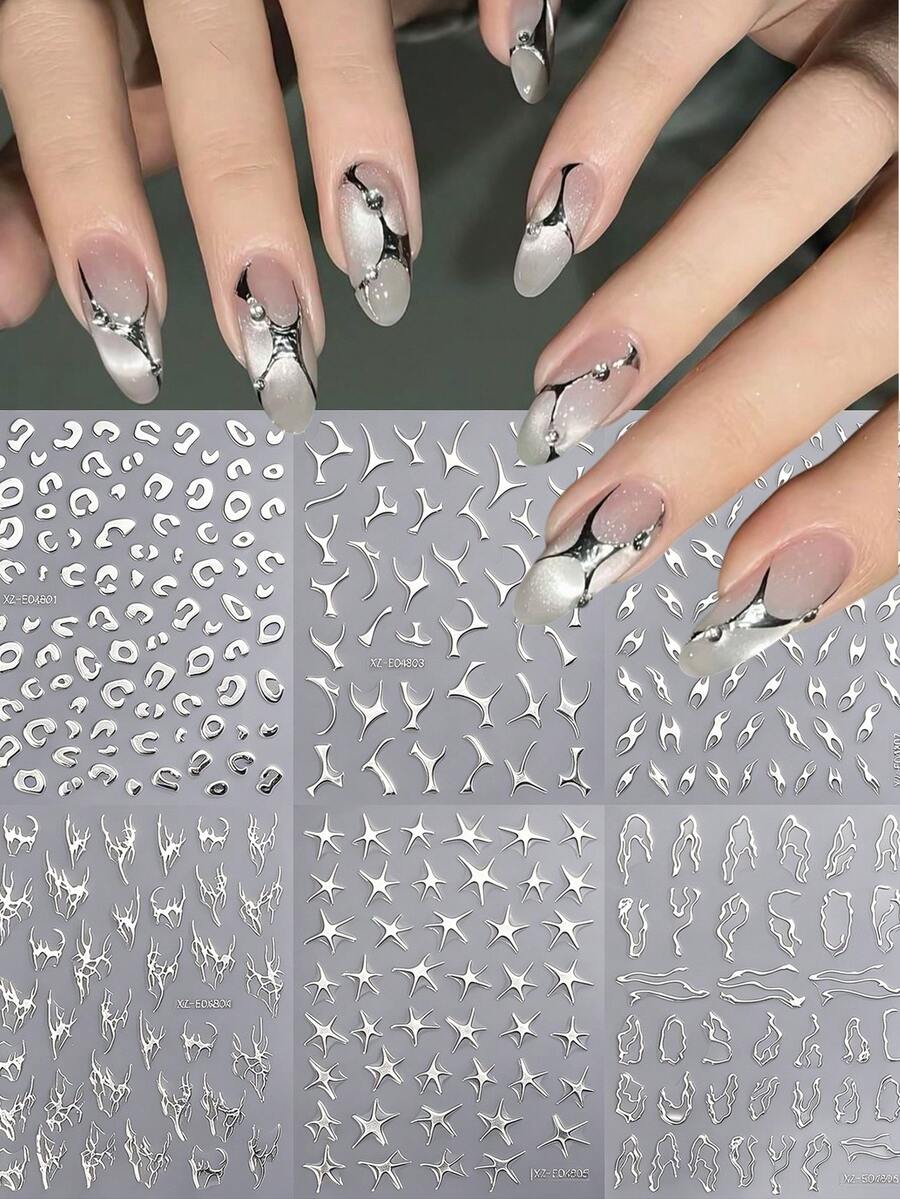 6 Blatt 3D metallische Linien Nagelaufkleber abstrakte silberne Dornen Ranke Kurve Streifen Linien Wirbel Stern Leopard Slider Maniküre Klebe Nagelkunst Aufkleber DIY Y2K Nagelkunst Dekorationen