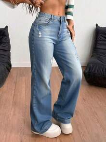 Pantalones rectos de mezclilla azul claro lavados con roturas, cintura media, elásticos y con caída elegante - azul verdoso - Ver 3