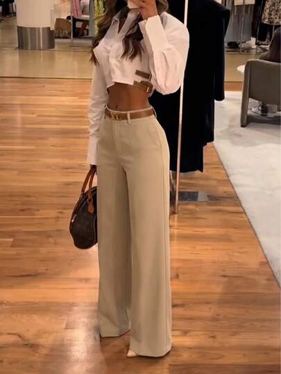 Pantalones largos de pierna recta de poliéster para mujer con costura expuesta, tela sin elasticidad para atuendos de otoño