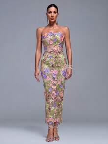 Elegant Women's 3D Floral Strapless Bodycon Fitted Party Dress - Multicolor - View 1