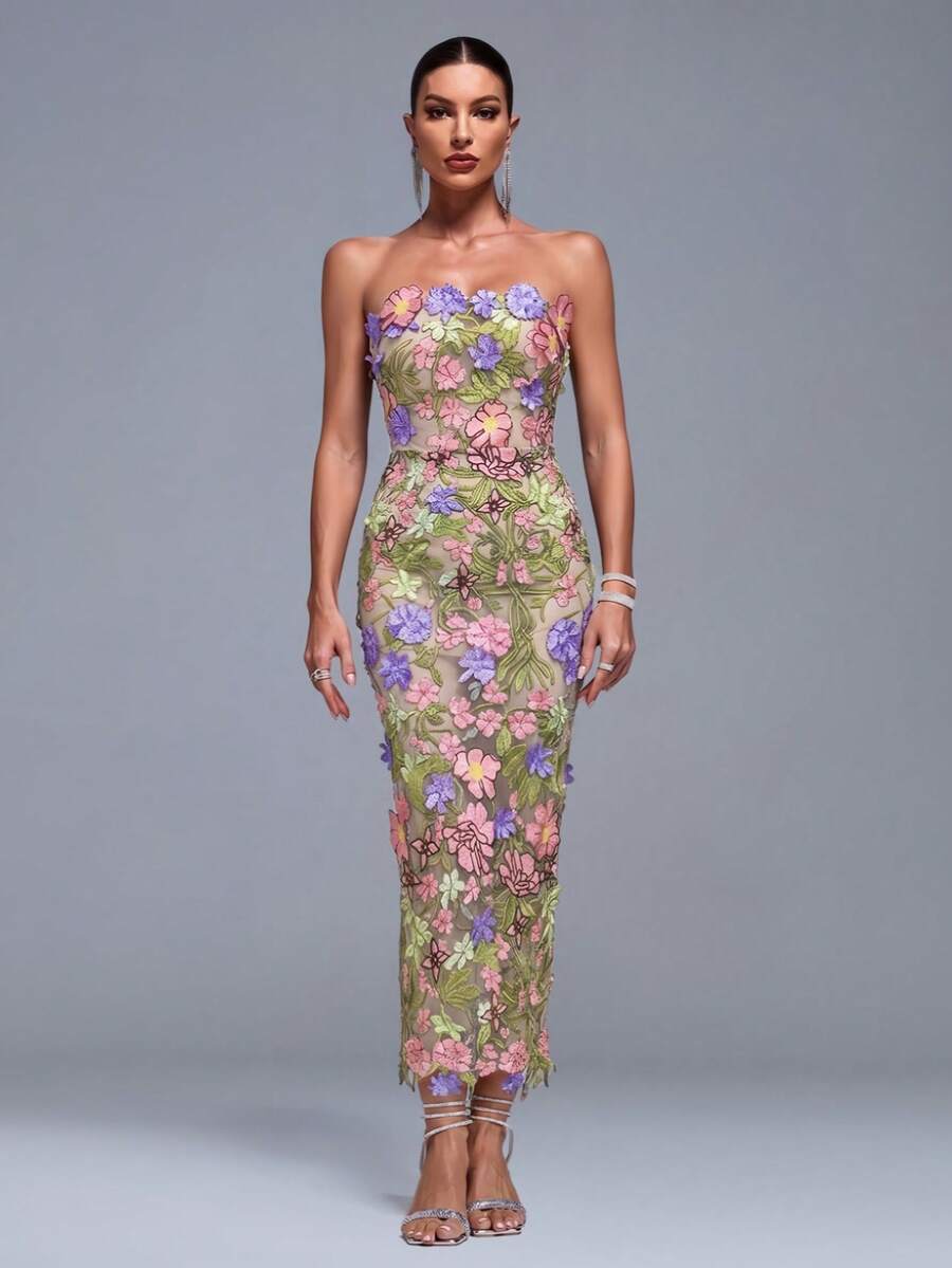Elegant Women's 3D Floral Strapless Bodycon Fitted Party Dress - Multicolor - View 1