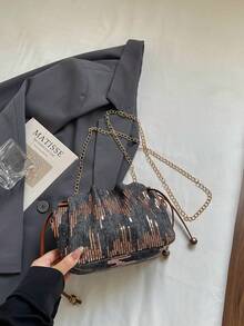 亮片迷你水桶包，抽繩開口，派對與休閒斜挎包，極簡主義單肩包，可作為單肩、斜挎、後背包，多種背法 - 黑色 - 查看 3