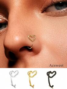 2pcs/1pc Heart-Shaped Gold & Silver Fake Nose Ring Set, Minimalist Daily Wear, Faux Piercing Nose Jewelry, Hypoallergenic, For Women - Multicolor - View 1