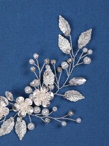 1/2Pcs Silver Leaf Crystal Pearl Flower Side Hair Clip Bridal Hair Accessories For Bride Wedding Bachelorette Party - Silver - View 6