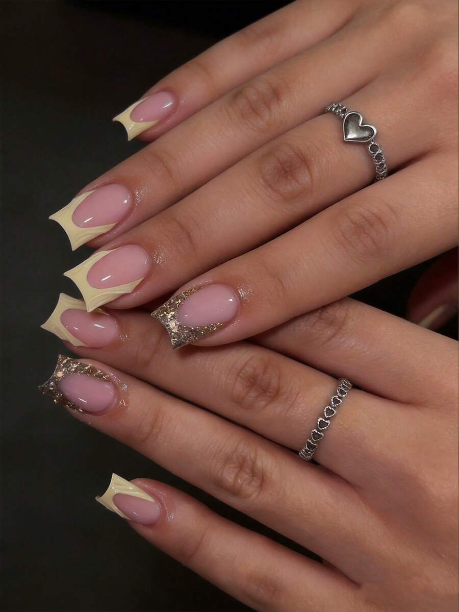 24pcs Romantic 3D Gel Water Ripple Luxury Gold Rhinestone Cream Yellow French Full Coverage Press-On Fake Nails, Square Pointed Shape For Women And Girls, Nail Art Supplies Including 1pc Jelly Glue And 1pc Mini Nail File, Suitable For Summer Party, Office And Daily Wear, Random Jelly Glue - Multicolor - View 1